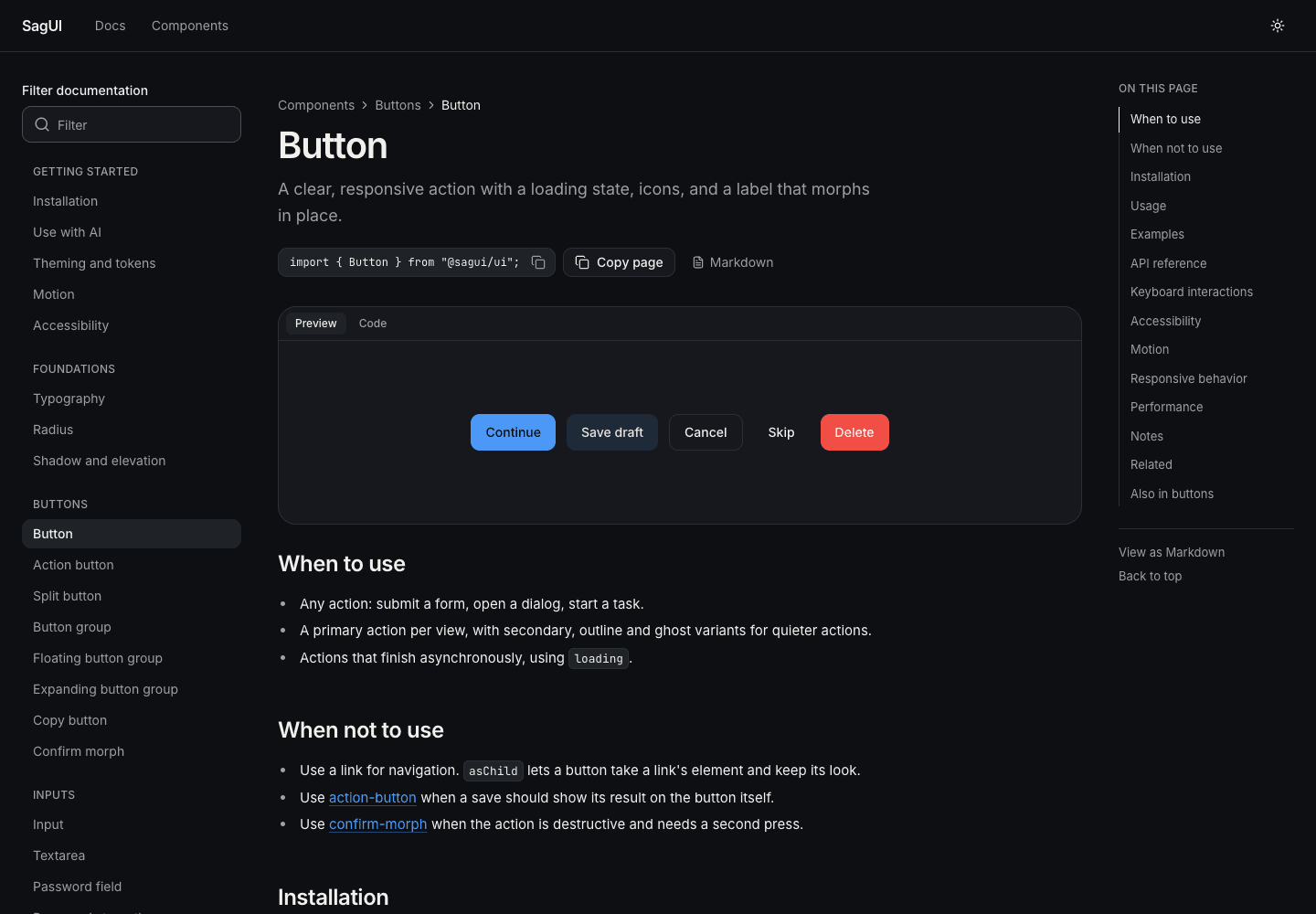 The Button docs page: a live Preview and Code tab showing Continue, Save draft, Cancel, Skip and Delete buttons, followed by When to use and When not to use guidance