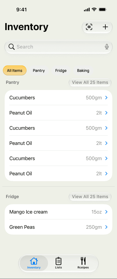 The converged Home screen: warm off-white background, a search bar, a category carousel, an expiring-items banner, and Pantry and Fridge sections listing items with quantities