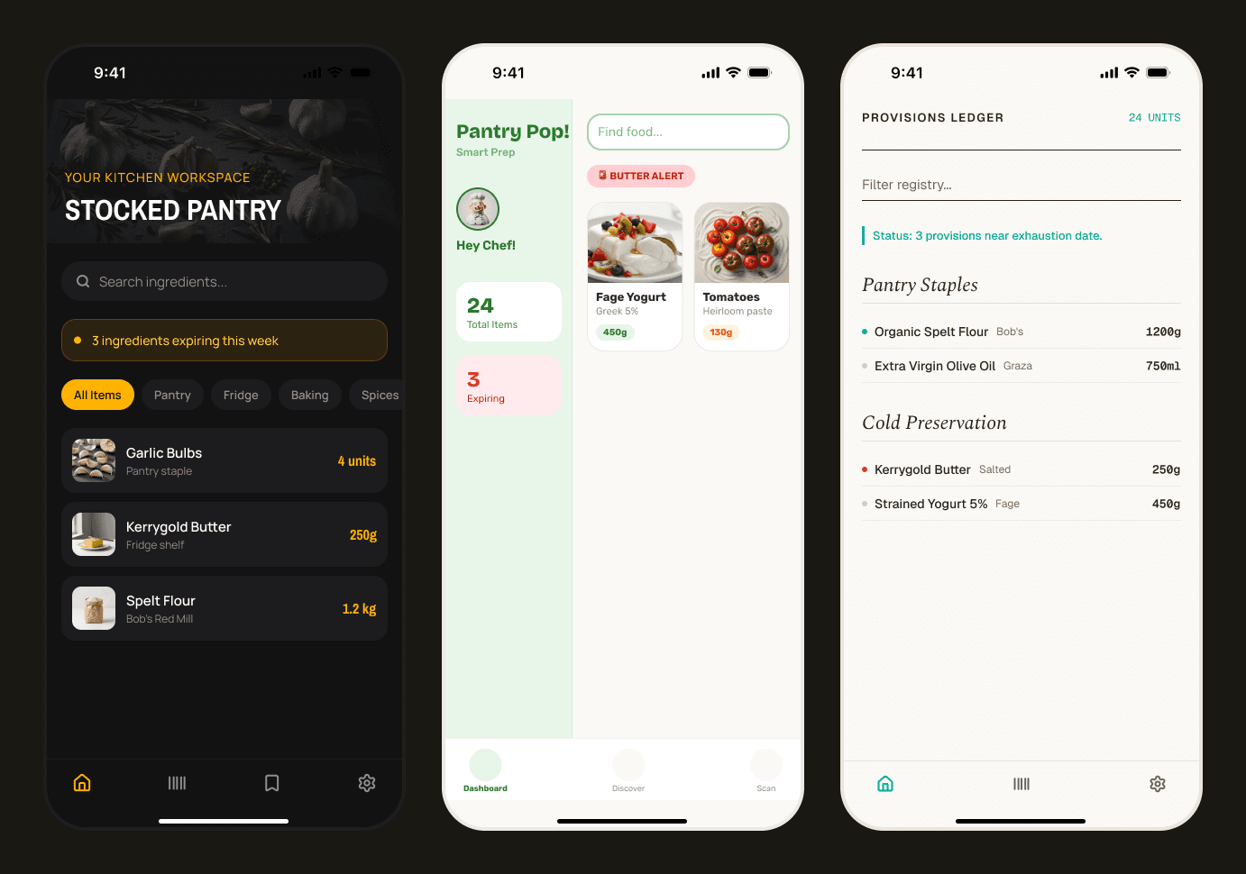 Three divergent Home screen explorations side by side: a dark moody 'Stocked Pantry' direction with photography, a playful green 'Pantry Pop!' direction with an avatar mascot and emoji alert, and a serif 'Provisions Ledger' direction styled like a formal record book