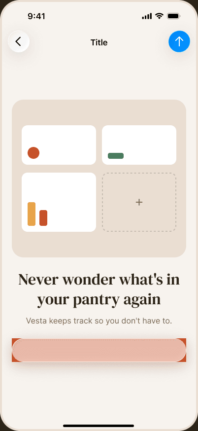 The Welcome screen: an illustration of a stocked kitchen shelf, the headline 'Never wonder what's in your pantry again,' and a primary CTA button