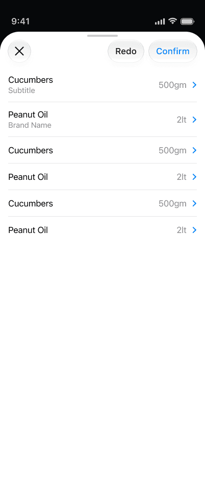 The 'Here's what we found' review screen: a checklist of items parsed from a receipt photo, each with a checkbox, icon, name, brand, and quantity. One low-confidence item, Chickpeas, is flagged amber with a 'Check this' tag and an inline edit affordance