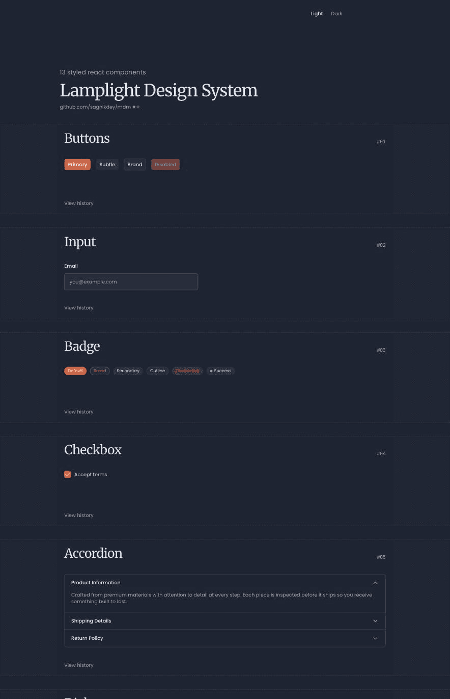 Lamplight Design System homepage — 13 styled React components including Buttons, Input, and Badge, each with a live interactive demo and a View history link