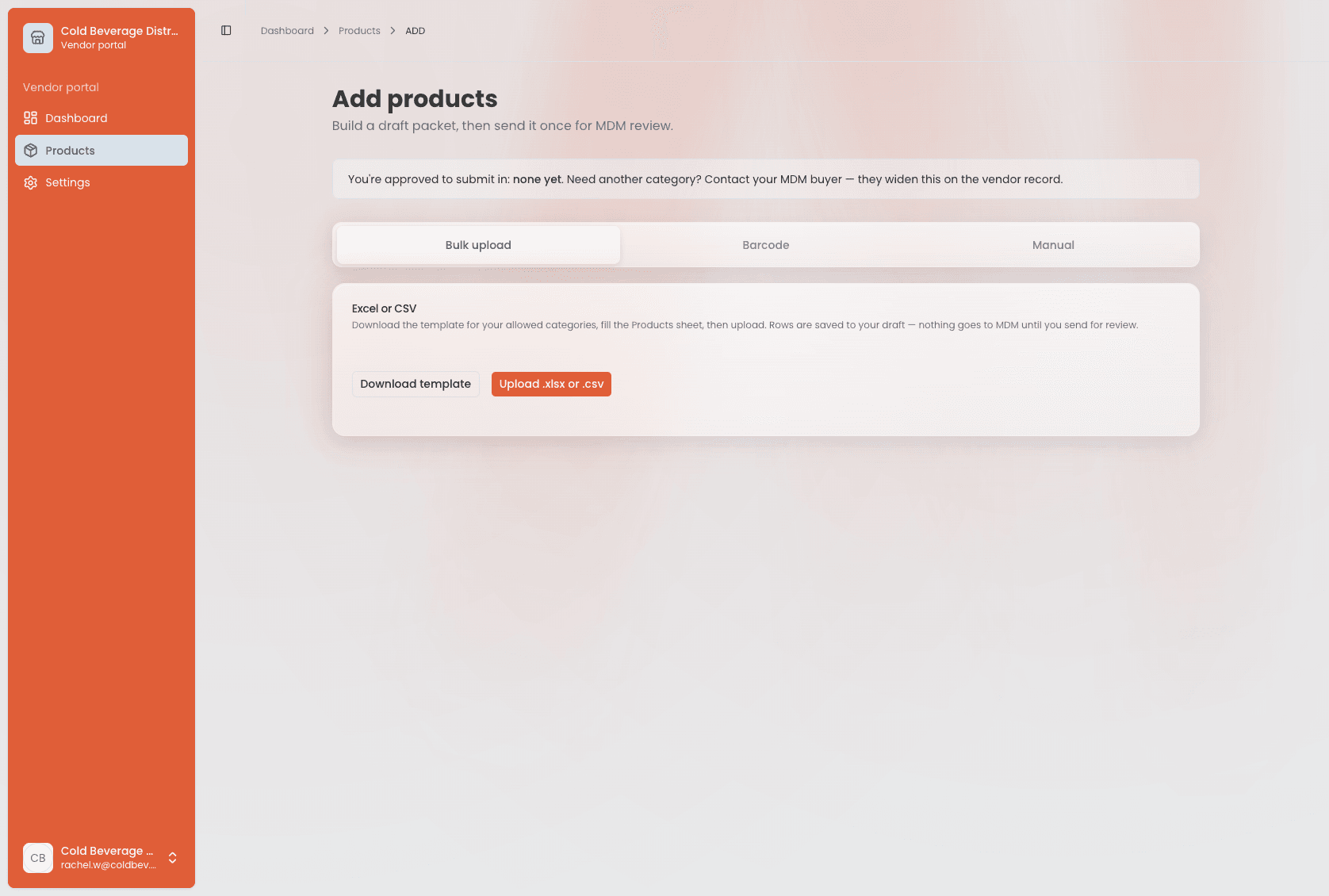 Vendor portal's Add products screen — bulk upload via Excel/CSV, barcode, or manual entry, scoped to the vendor's approved categories
