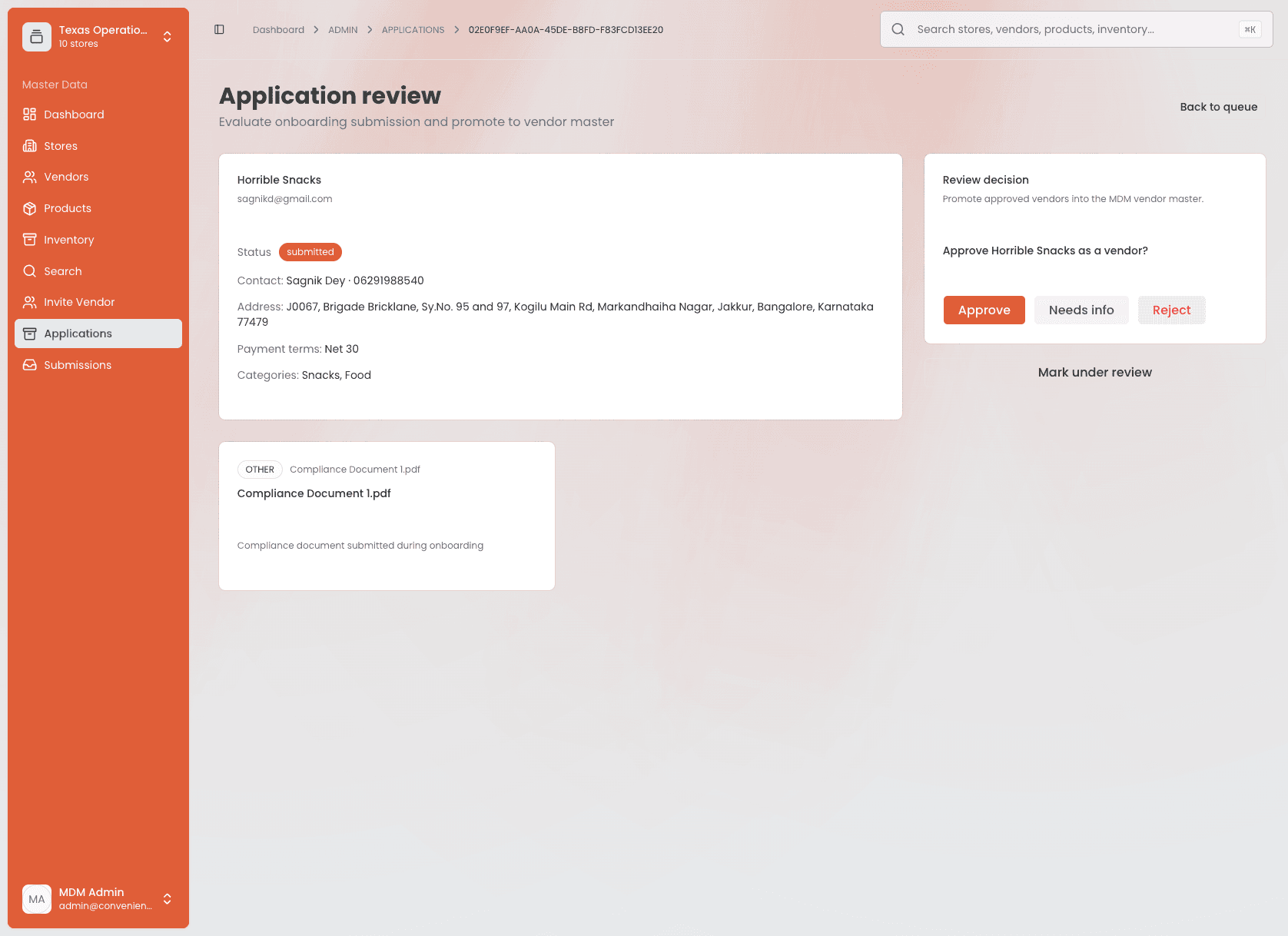 Application review screen for 'Horrible Snacks' — submitted company details and a compliance document, with Approve, Needs Info, and Reject actions