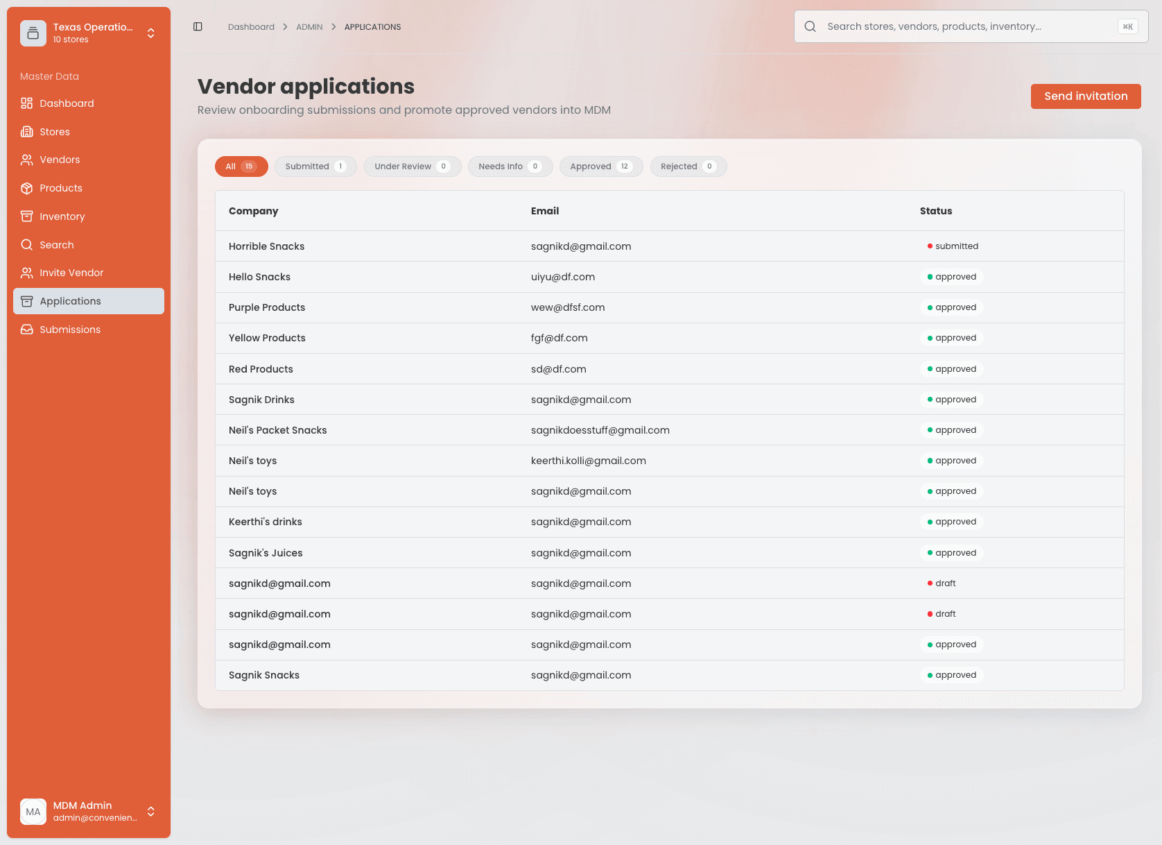Vendor applications queue — 15 applications filterable by status (Submitted, Under Review, Needs Info, Approved, Rejected), listing company, email, and current status