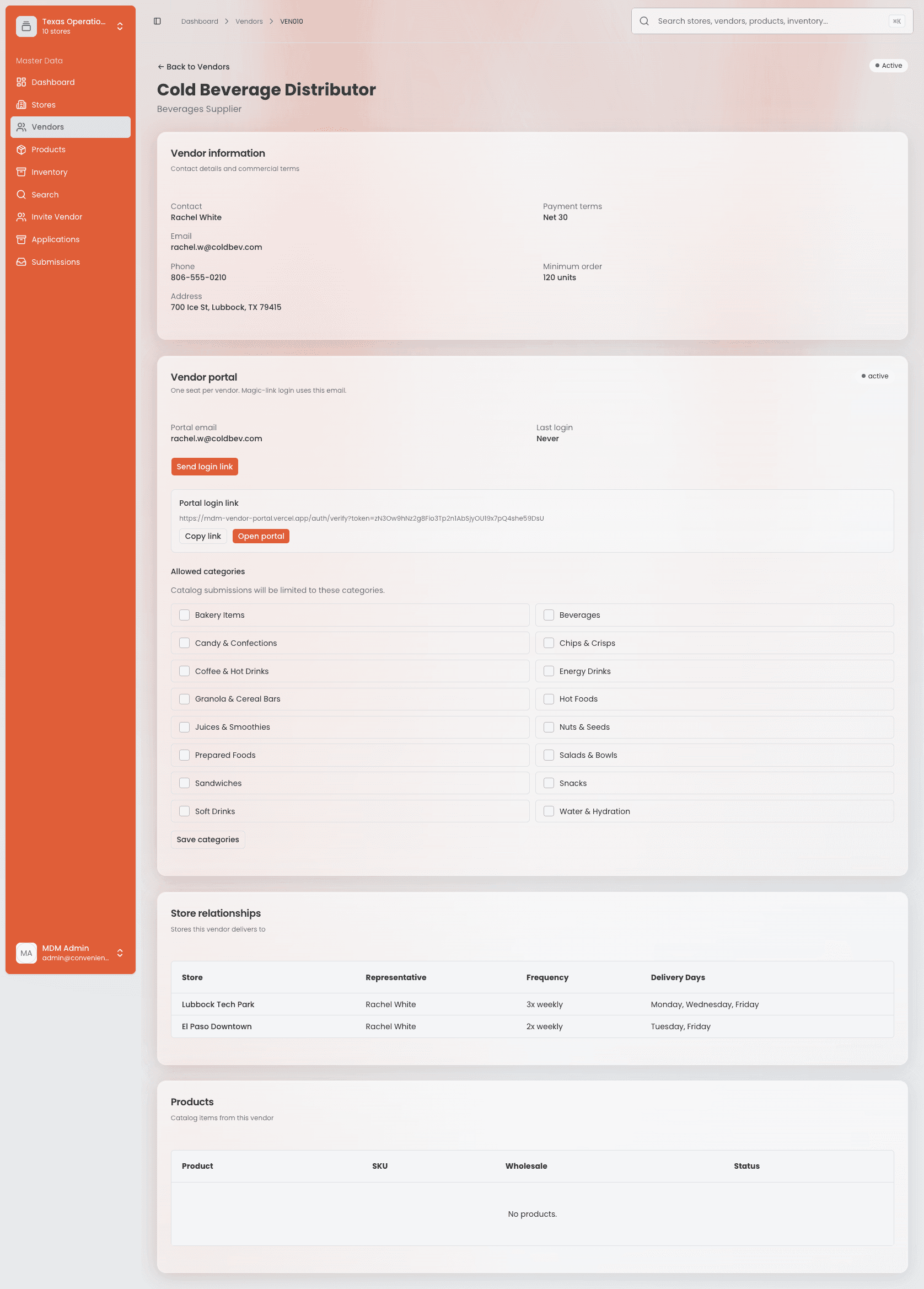 Vendor detail page for Cold Beverage Distributor — contact and payment terms, a vendor-portal login link, allowed product categories, store relationships, and a products table