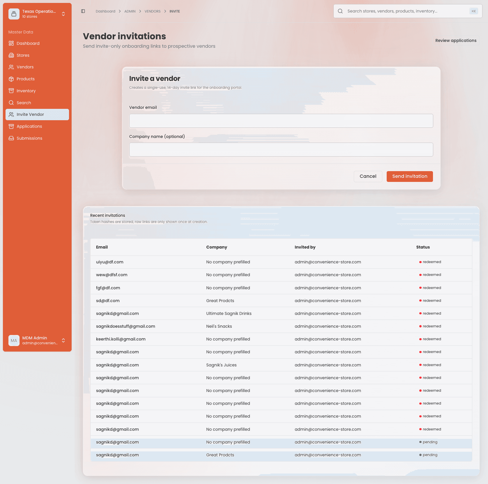 Vendor invitations screen — a form to send a scoped, single-use 14-day invite link, with a table of recent invitations and their redemption status