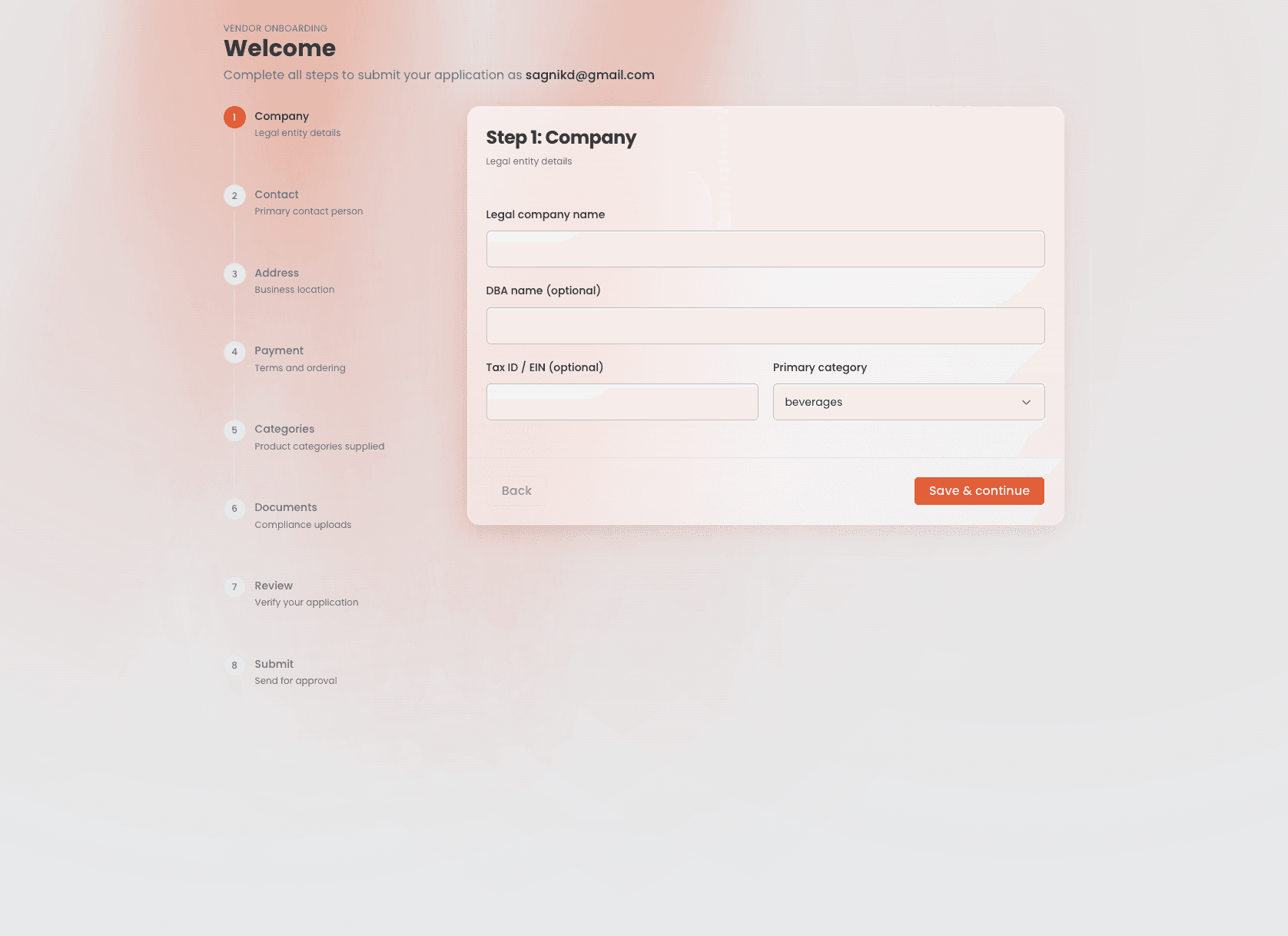 Vendor onboarding wizard, Step 1 of 8 — Company: legal company name, DBA name, tax ID, and primary category fields, with a progress rail listing all eight steps