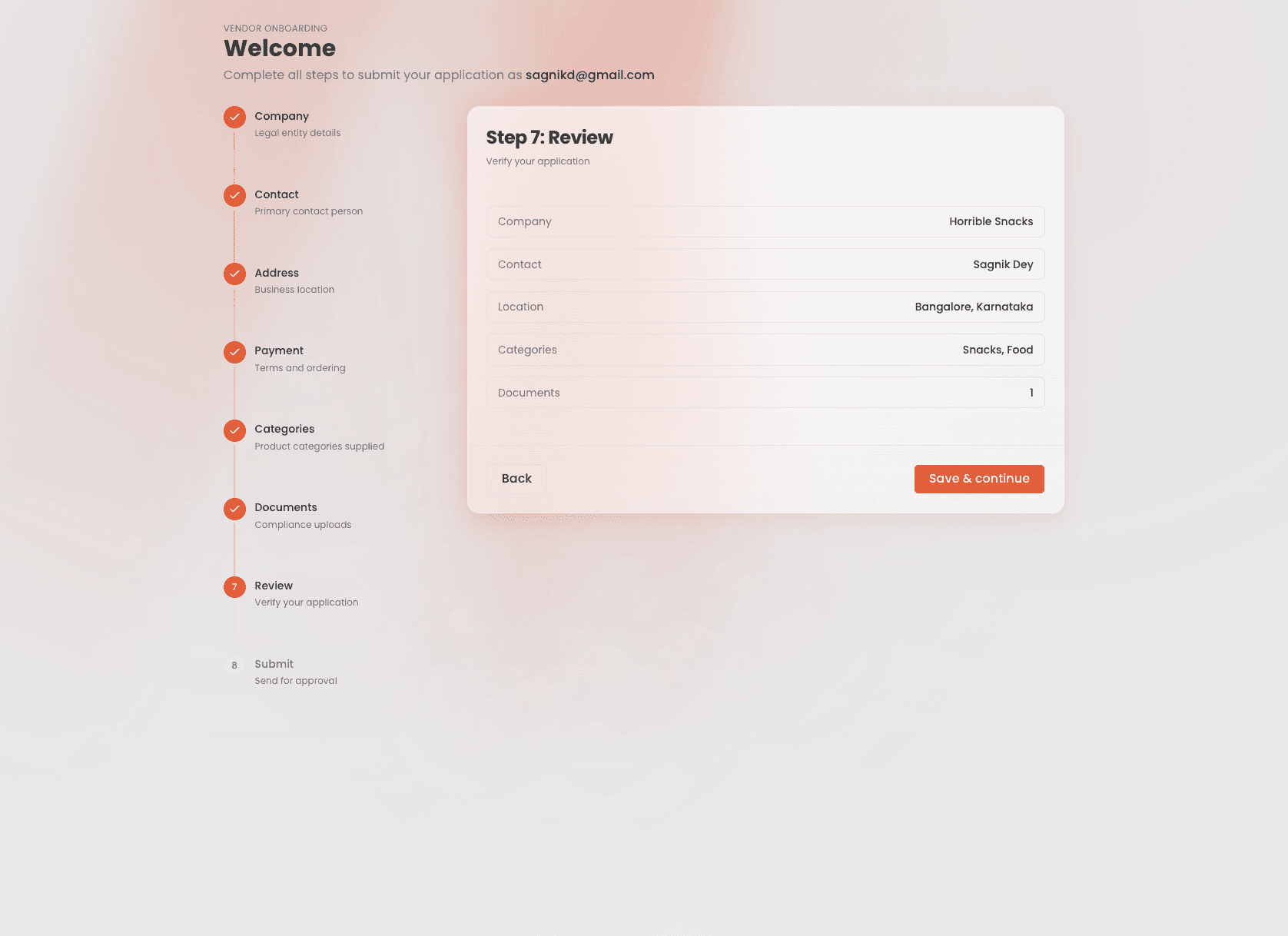 Vendor onboarding wizard, Step 7 of 8 — Review: a read-only summary of company, contact, location, categories, and document count before submission