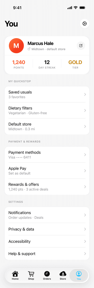 The You tab: a profile card with points, day streak, and tier; grouped lists for My QuickStop, Payment & Rewards, and Settings; and the five-item tab bar at the bottom